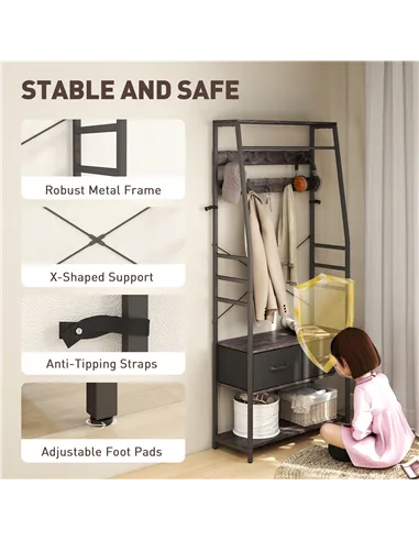 HOMCOM Coat Rack with Shoe Storage, Hall Tree, Industrial Coat Stand with Shoe Bench, 10 Removable Hooks, 2 Fabric Drawers and C