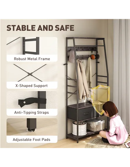 HOMCOM Coat Rack with Shoe Storage, Hall Tree, Industrial Coat Stand with Shoe Bench, 10 Removable Hooks, 2 Fabric Drawers and C