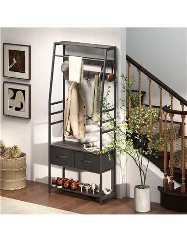HOMCOM Coat Rack with Shoe Storage, Hall Tree, Industrial Coat Stand with Shoe Bench, 10 Removable Hooks, 2 Fabric Drawers and C