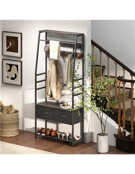 HOMCOM Coat Rack with Shoe Storage, Hall Tree, Industrial Coat Stand with Shoe Bench, 10 Removable Hooks, 2 Fabric Drawers and C