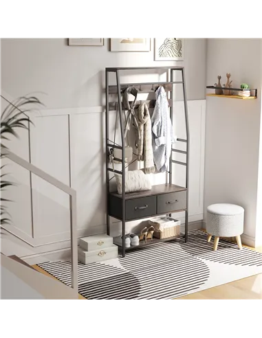 HOMCOM Coat Rack with Shoe Storage, Hall Tree, Industrial Coat Stand with Shoe Bench, 10 Removable Hooks, 2 Fabric Drawers and C