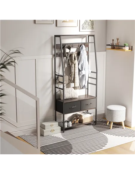 HOMCOM Coat Rack with Shoe Storage, Hall Tree, Industrial Coat Stand with Shoe Bench, 10 Removable Hooks, 2 Fabric Drawers and C
