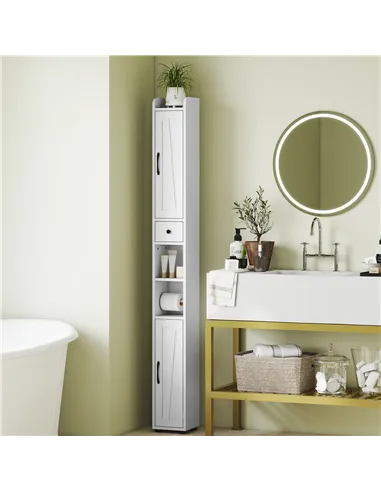 HOMCOM Tall Bathroom Cabinet, Farmhouse Slim Bathroom Storage Cabinet with Barn Doors, Toilet Paper Roll Holder, Drawer and Adju