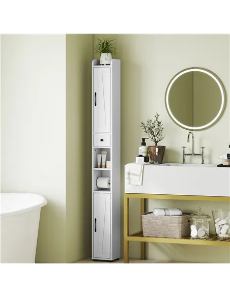 HOMCOM Tall Bathroom Cabinet, Farmhouse Slim Bathroom Storage Cabinet with Barn Doors, Toilet Paper Roll Holder, Drawer and Adju