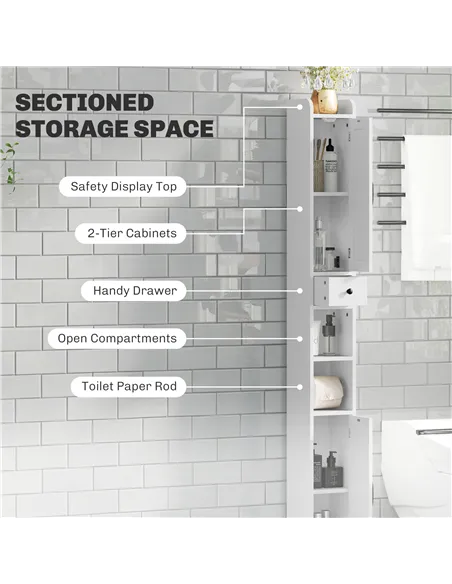 HOMCOM Tall Bathroom Cabinet, Farmhouse Slim Bathroom Storage Cabinet with Barn Doors, Toilet Paper Roll Holder, Drawer and Adju