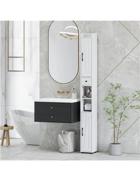 HOMCOM Tall Bathroom Cabinet, Farmhouse Slim Bathroom Storage Cabinet with Barn Doors, Toilet Paper Roll Holder, Drawer and Adju