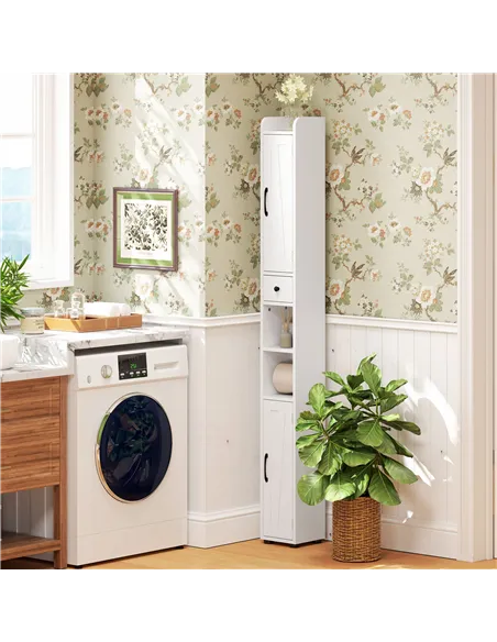 HOMCOM Tall Bathroom Cabinet, Farmhouse Slim Bathroom Storage Cabinet with Barn Doors, Toilet Paper Roll Holder, Drawer and Adju