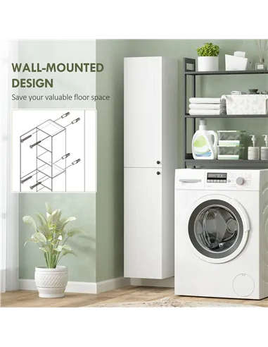 HOMCOM Wall Mounted Tall Bathroom Storage Cabinet with Soft-Close Hinges, Slim Bathroom Cabinet with 2 Doors, White