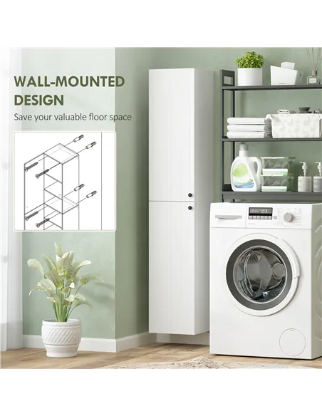 HOMCOM Wall Mounted Tall Bathroom Storage Cabinet with Soft-Close Hinges, Slim Bathroom Cabinet with 2 Doors, White