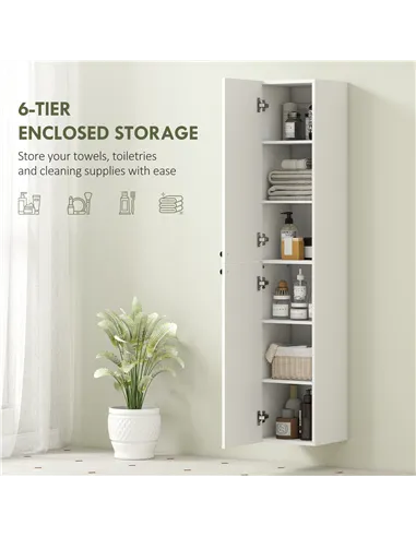 HOMCOM Wall Mounted Tall Bathroom Storage Cabinet with Soft-Close Hinges, Slim Bathroom Cabinet with 2 Doors, White