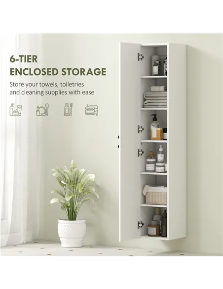 HOMCOM Wall Mounted Tall Bathroom Storage Cabinet with Soft-Close Hinges, Slim Bathroom Cabinet with 2 Doors, White