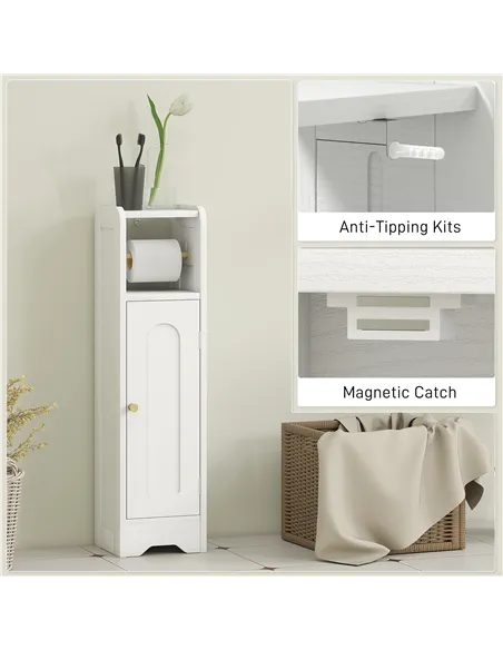 HOMCOM Small Bathroom Storage Cabinet with Toilet Roll Holder - White