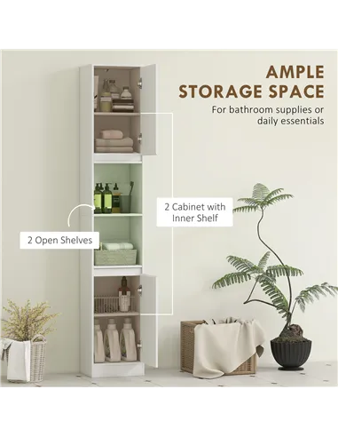 HOMCOM Narrow Bathroom Cabinet, Slim Bathroom Storage Unit with Open Compartment, Freestanding Storage Cupboard with Adjustable 