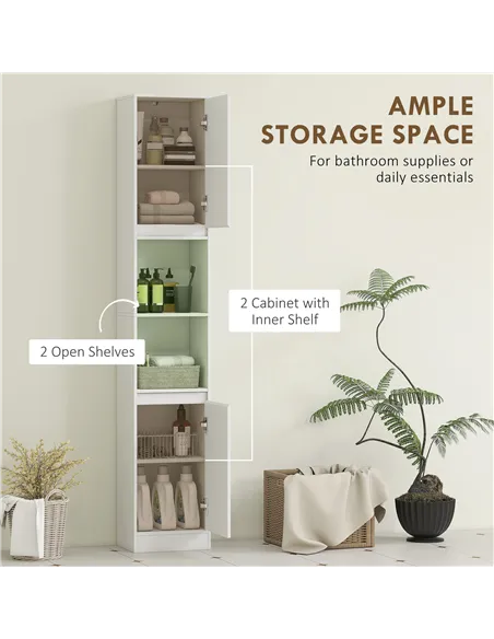 HOMCOM Narrow Bathroom Cabinet, Slim Bathroom Storage Unit with Open Compartment, Freestanding Storage Cupboard with Adjustable 
