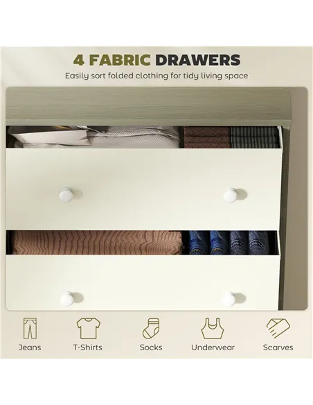 HOMCOM Chest of Drawers, Dresser with 4 Fabric Drawers - White and Grey