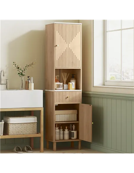 HOMCOM Slim Bathroom Cabinet with Silent Drawer Rail for Scandinavian, Japanese Styles - Wood-Effect