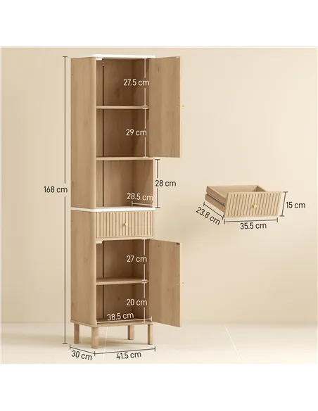 HOMCOM Slim Bathroom Cabinet with Silent Drawer Rail for Scandinavian, Japanese Styles - Wood-Effect