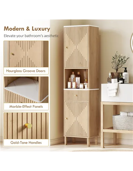 HOMCOM Slim Bathroom Cabinet with Silent Drawer Rail for Scandinavian, Japanese Styles - Wood-Effect