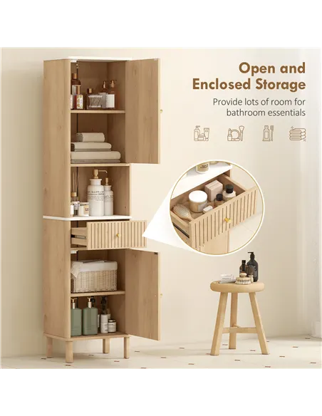 HOMCOM Slim Bathroom Cabinet with Silent Drawer Rail for Scandinavian, Japanese Styles - Wood-Effect