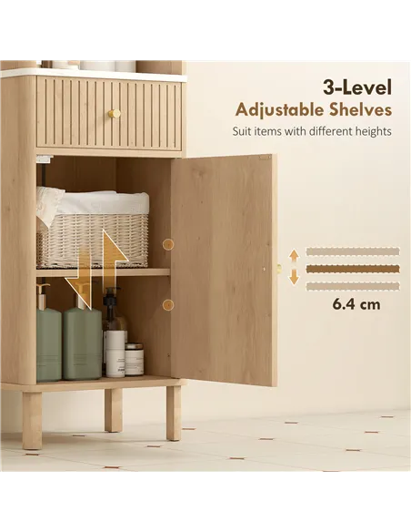 HOMCOM Slim Bathroom Cabinet with Silent Drawer Rail for Scandinavian, Japanese Styles - Wood-Effect