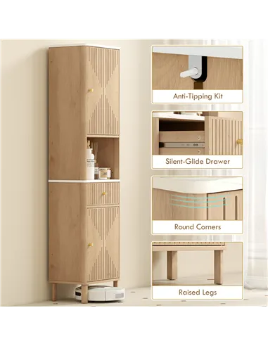 HOMCOM Slim Bathroom Cabinet with Silent Drawer Rail for Scandinavian, Japanese Styles - Wood-Effect