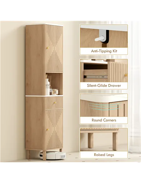 HOMCOM Slim Bathroom Cabinet with Silent Drawer Rail for Scandinavian, Japanese Styles - Wood-Effect