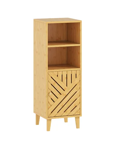 HOMCOM Slim Bathroom Cabinet with Bamboo Door and Legs, Narrow Bathroom Storage Cabinet, Freestanding Storage Cupboard with Open