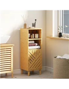 HOMCOM Slim Bathroom Cabinet with Bamboo Door and Legs, Narrow Bathroom Storage Cabinet, Freestanding Storage Cupboard with Open 2
