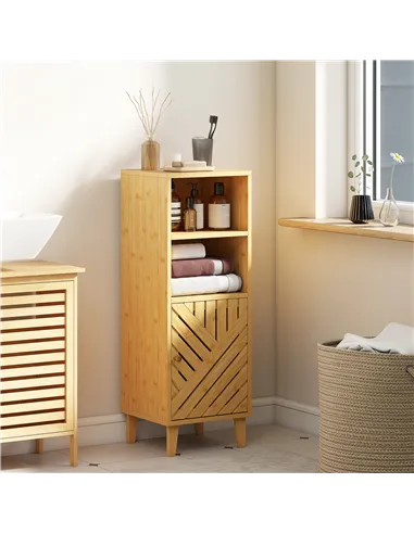 HOMCOM Slim Bathroom Cabinet with Bamboo Door and Legs, Narrow Bathroom Storage Cabinet, Freestanding Storage Cupboard with Open