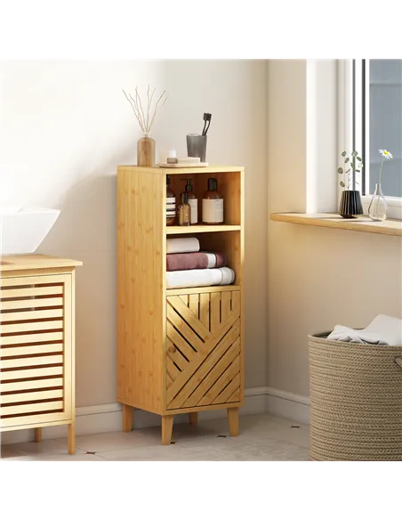 HOMCOM Slim Bathroom Cabinet with Bamboo Door and Legs, Narrow Bathroom Storage Cabinet, Freestanding Storage Cupboard with Open
