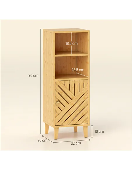 HOMCOM Slim Bathroom Cabinet with Bamboo Door and Legs, Narrow Bathroom Storage Cabinet, Freestanding Storage Cupboard with Open