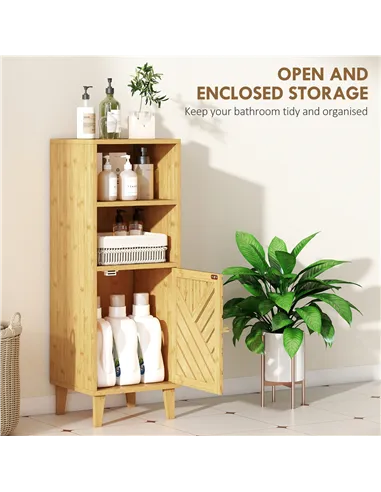 HOMCOM Slim Bathroom Cabinet with Bamboo Door and Legs, Narrow Bathroom Storage Cabinet, Freestanding Storage Cupboard with Open