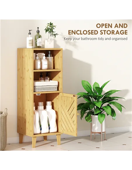 HOMCOM Slim Bathroom Cabinet with Bamboo Door and Legs, Narrow Bathroom Storage Cabinet, Freestanding Storage Cupboard with Open