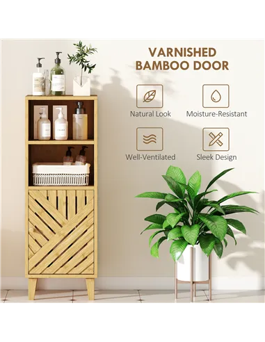 HOMCOM Slim Bathroom Cabinet with Bamboo Door and Legs, Narrow Bathroom Storage Cabinet, Freestanding Storage Cupboard with Open