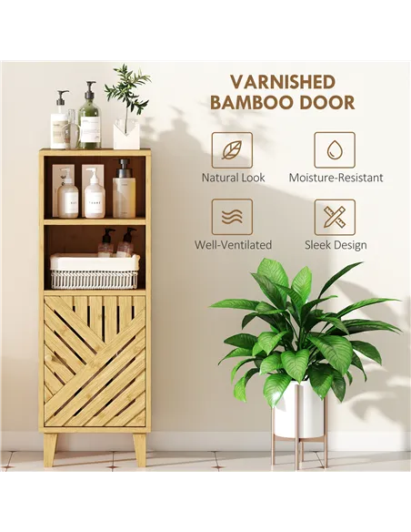 HOMCOM Slim Bathroom Cabinet with Bamboo Door and Legs, Narrow Bathroom Storage Cabinet, Freestanding Storage Cupboard with Open