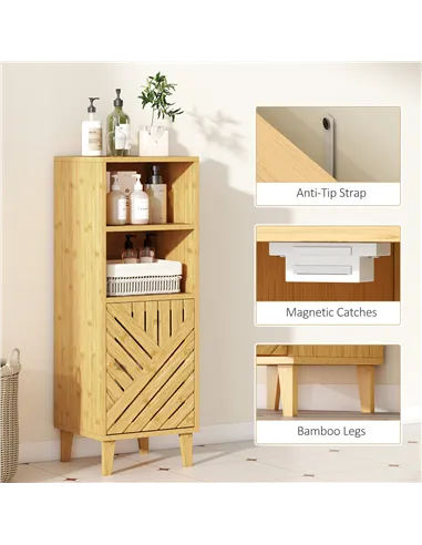 HOMCOM Slim Bathroom Cabinet with Bamboo Door and Legs, Narrow Bathroom Storage Cabinet, Freestanding Storage Cupboard with Open
