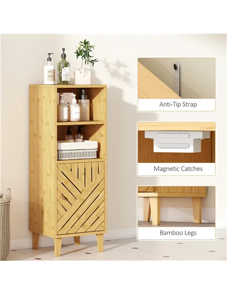 HOMCOM Slim Bathroom Cabinet with Bamboo Door and Legs, Narrow Bathroom Storage Cabinet, Freestanding Storage Cupboard with Open