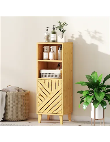 HOMCOM Slim Bathroom Cabinet with Bamboo Door and Legs, Narrow Bathroom Storage Cabinet, Freestanding Storage Cupboard with Open