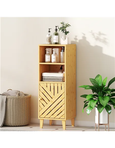HOMCOM Slim Bathroom Cabinet with Bamboo Door and Legs, Narrow Bathroom Storage Cabinet, Freestanding Storage Cupboard with Open