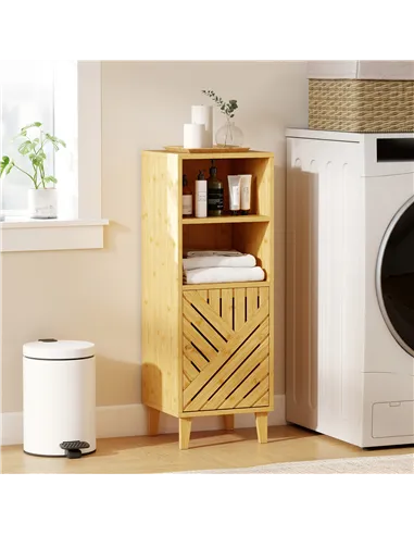 HOMCOM Slim Bathroom Cabinet with Bamboo Door and Legs, Narrow Bathroom Storage Cabinet, Freestanding Storage Cupboard with Open