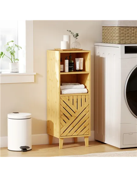HOMCOM Slim Bathroom Cabinet with Bamboo Door and Legs, Narrow Bathroom Storage Cabinet, Freestanding Storage Cupboard with Open