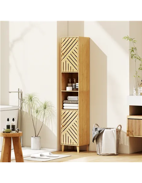 HOMCOM Multi-Storage Bamboo Door Bathroom Cabinet - Natural Finish