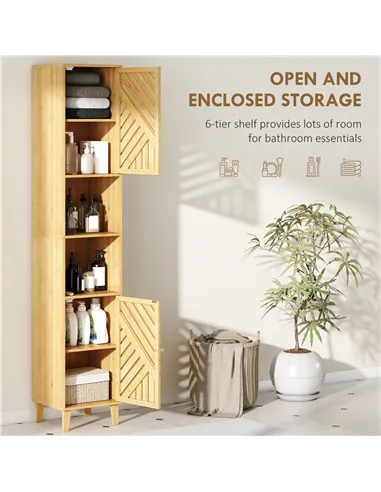 HOMCOM Multi-Storage Bamboo Door Bathroom Cabinet - Natural Finish