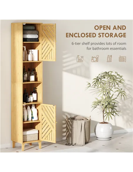 HOMCOM Multi-Storage Bamboo Door Bathroom Cabinet - Natural Finish