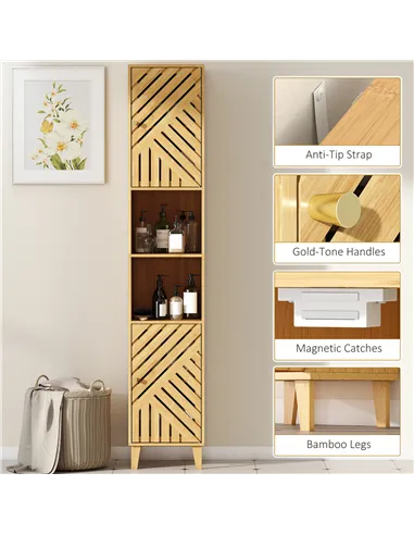 HOMCOM Multi-Storage Bamboo Door Bathroom Cabinet - Natural Finish