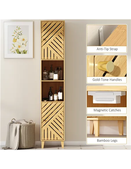 HOMCOM Multi-Storage Bamboo Door Bathroom Cabinet - Natural Finish