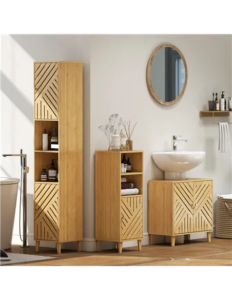 HOMCOM Multi-Storage Bamboo Door Bathroom Cabinet - Natural Finish