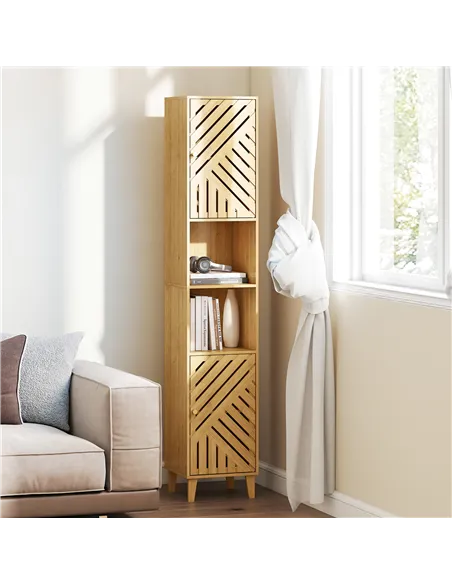 HOMCOM Multi-Storage Bamboo Door Bathroom Cabinet - Natural Finish