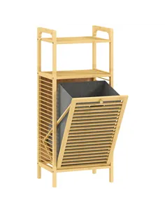 HOMCOM Bamboo Laundry Cabinet with Slatted Door, Bathroom Cabinet with Tilt-Out Hamper and Removable Liner Bag, 40 x 30D x 95 cm