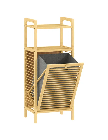 HOMCOM Bamboo Laundry Cabinet with Slatted Door, Bathroom Cabinet with Tilt-Out Hamper and Removable Liner Bag, 40 x 30D x 95 cm